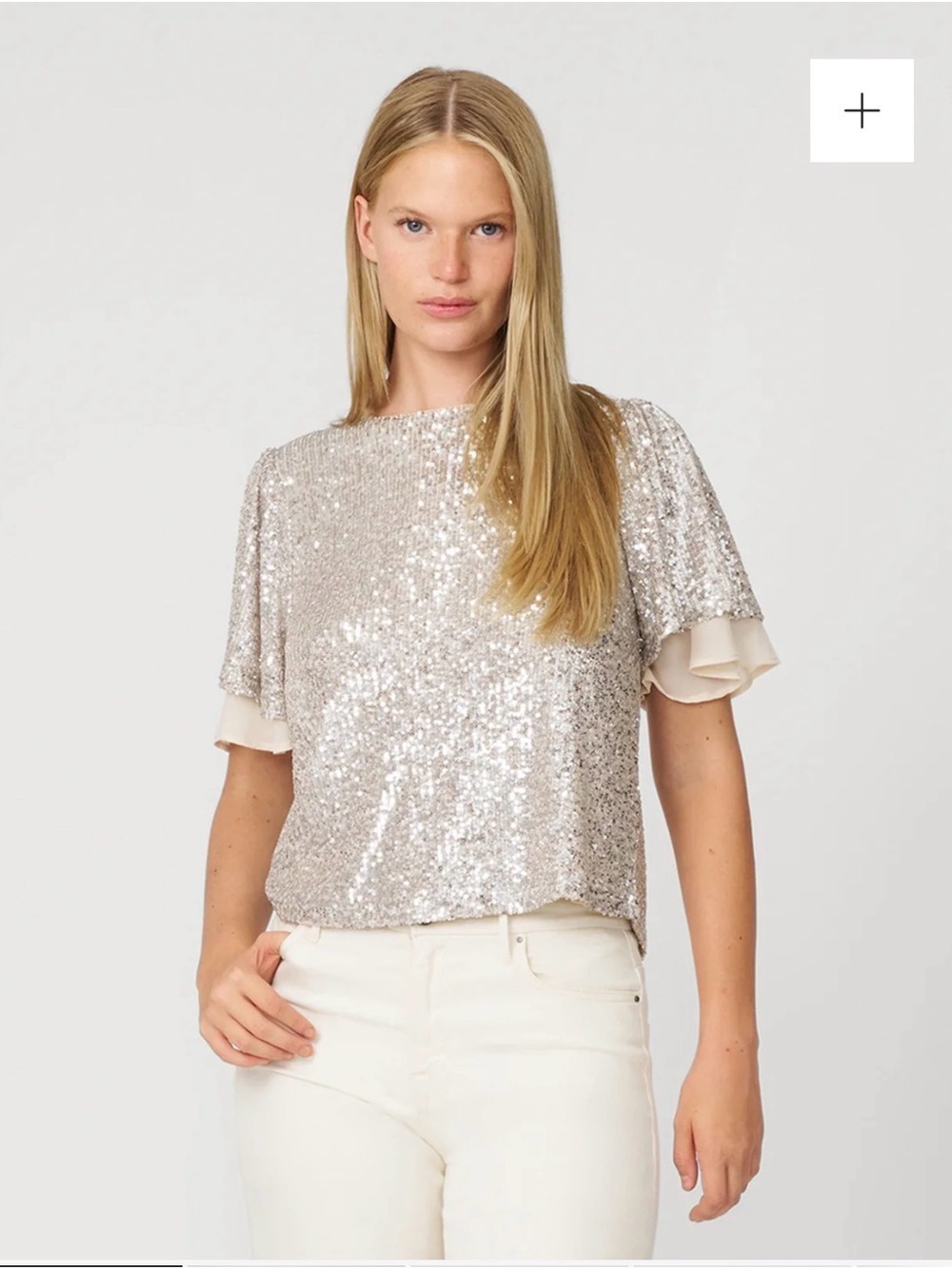 Cable & Gauge Sequin Flutter Sleeve Top Silver Sequins Champagne Mesh Size M